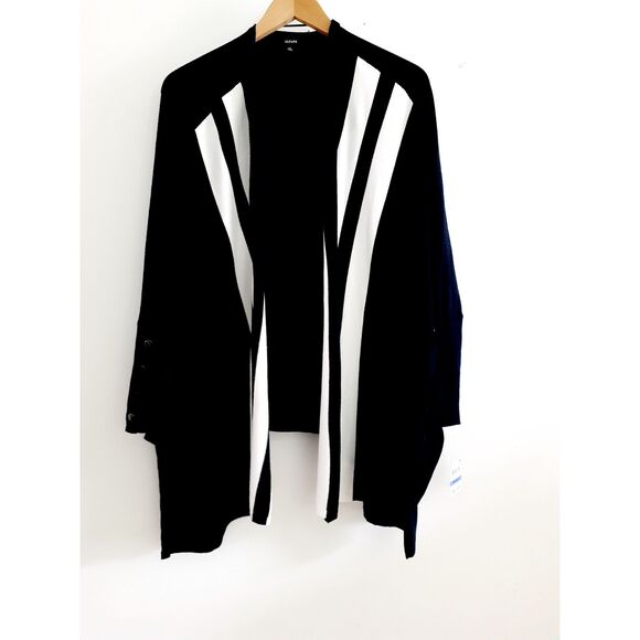 Alfani Deep Black White Striped Front Knit Ribbed Open Front Core Cardigan PXL - Picture 2 of 9